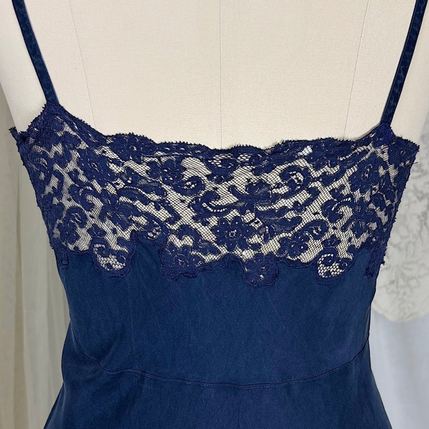 Vintage 1930's - 1940's Slip - Deep Indigo Blue Silk with Intricate Lace Detail - by Fischer's Heavenly Lingerie, size S, M - Daggers & Dames