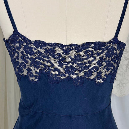 Vintage 1930's - 1940's Slip - Deep Indigo Blue Silk with Intricate Lace Detail - by Fischer's Heavenly Lingerie, size S, M - Daggers & Dames