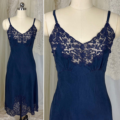 Vintage 1930's - 1940's Slip - Deep Indigo Blue Silk with Intricate Lace Detail - by Fischer's Heavenly Lingerie, size S, M - Daggers & Dames