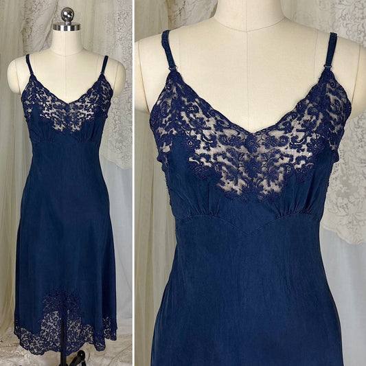 Vintage 1930's - 1940's Slip - Deep Indigo Blue Silk with Intricate Lace Detail - by Fischer's Heavenly Lingerie, size S, M - Daggers & Dames
