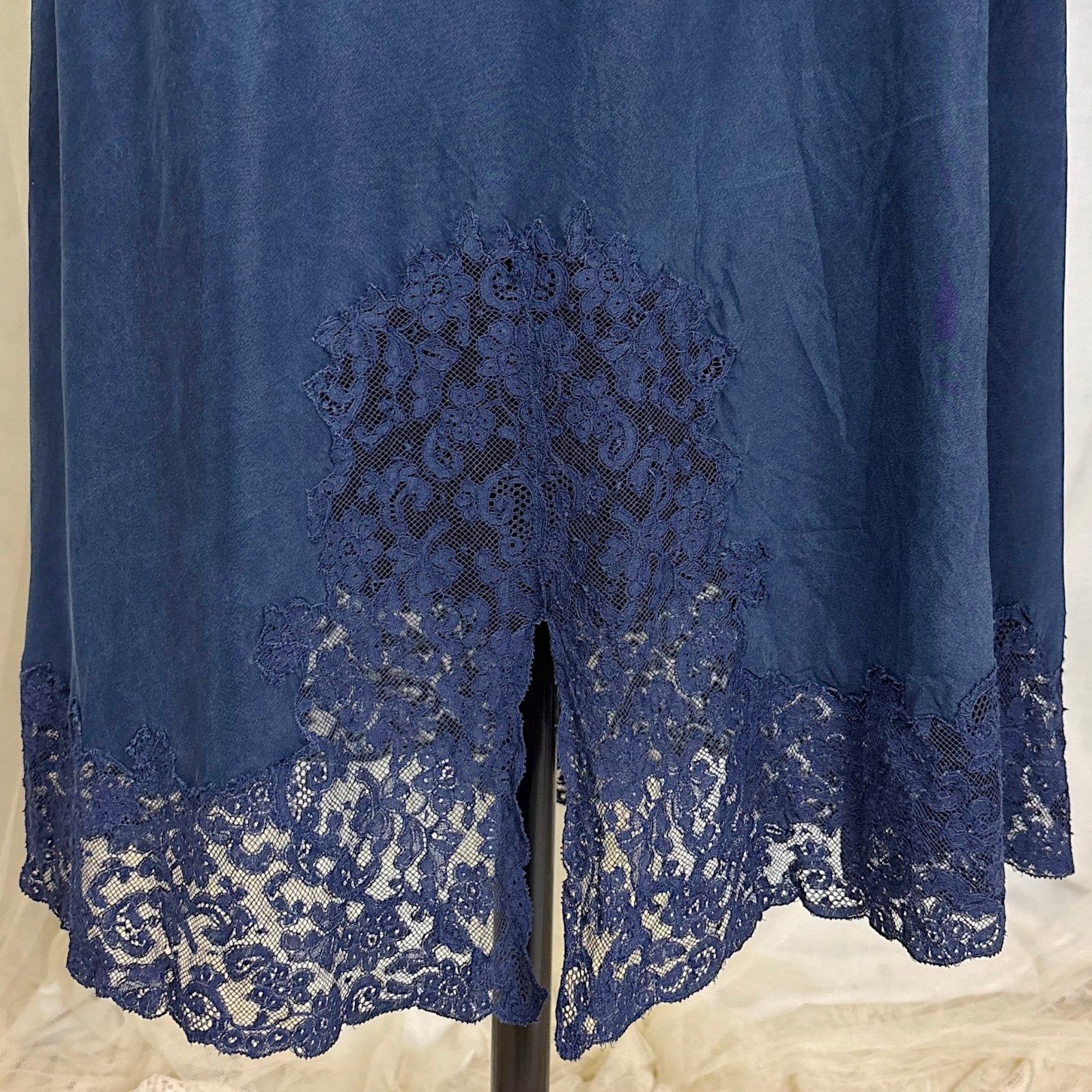 Vintage 1930's - 1940's Slip - Deep Indigo Blue Silk with Intricate Lace Detail - by Fischer's Heavenly Lingerie, size S, M - Daggers & Dames