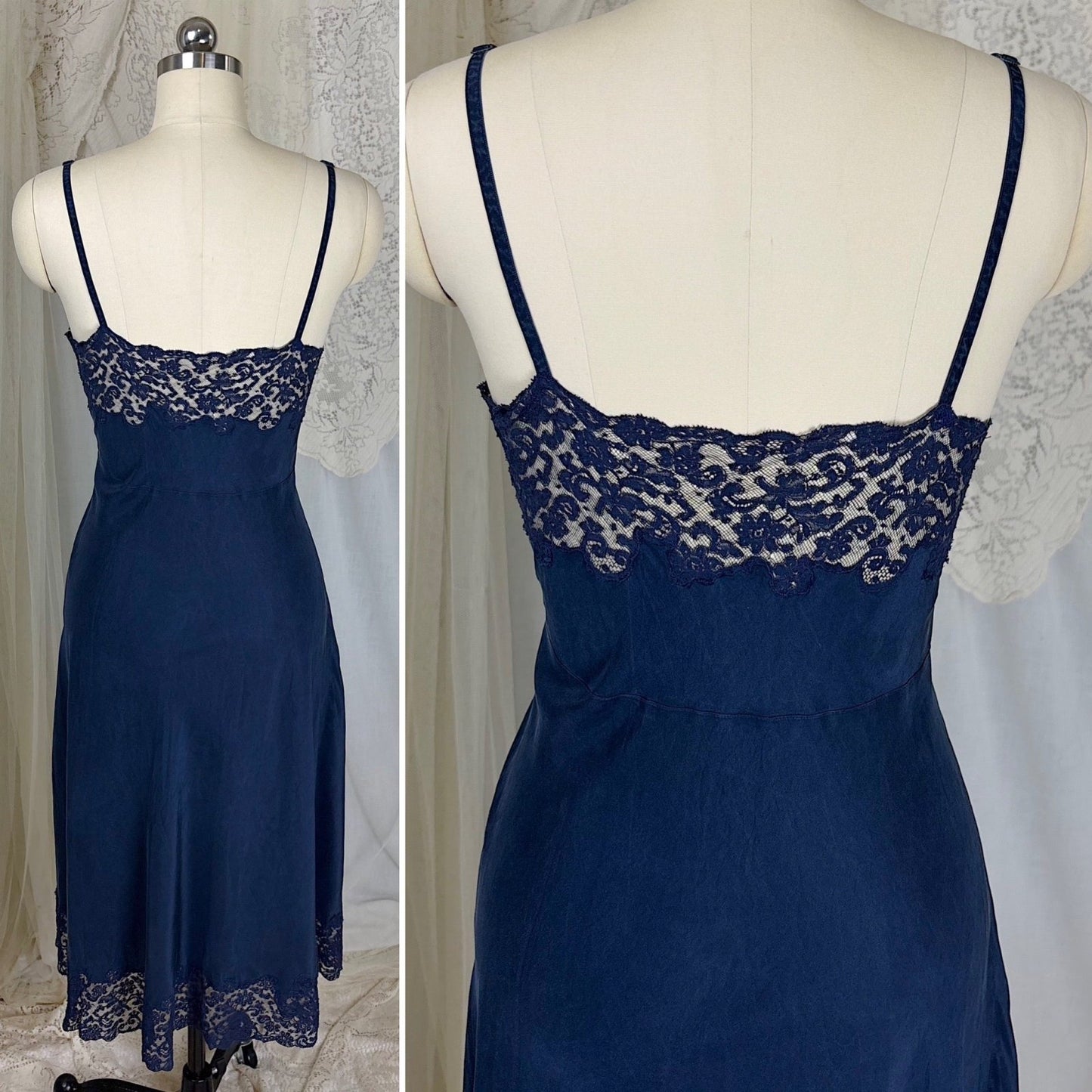 Vintage 1930's - 1940's Slip - Deep Indigo Blue Silk with Intricate Lace Detail - by Fischer's Heavenly Lingerie, size S, M - Daggers & Dames