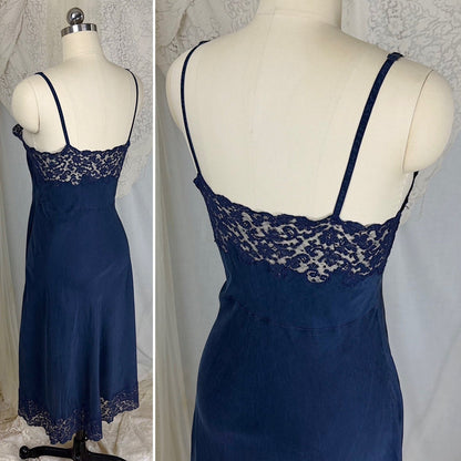 Vintage 1930's - 1940's Slip - Deep Indigo Blue Silk with Intricate Lace Detail - by Fischer's Heavenly Lingerie, size S, M - Daggers & Dames