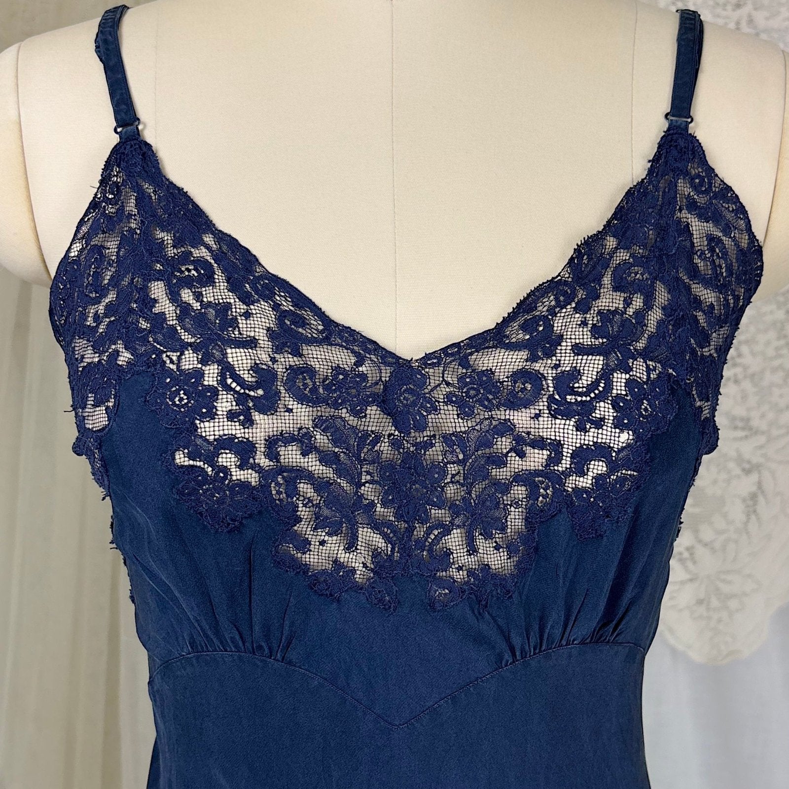 Vintage 1930's - 1940's Slip - Deep Indigo Blue Silk with Intricate Lace Detail - by Fischer's Heavenly Lingerie, size S, M - Daggers & Dames