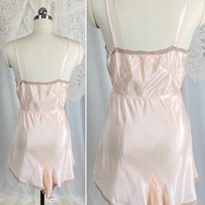 Vintage 1930's - 1940's Teddy Chemise | Pearlescent Peach Silk with Warm Nude Lace | Size S, M - Daggers & Dames