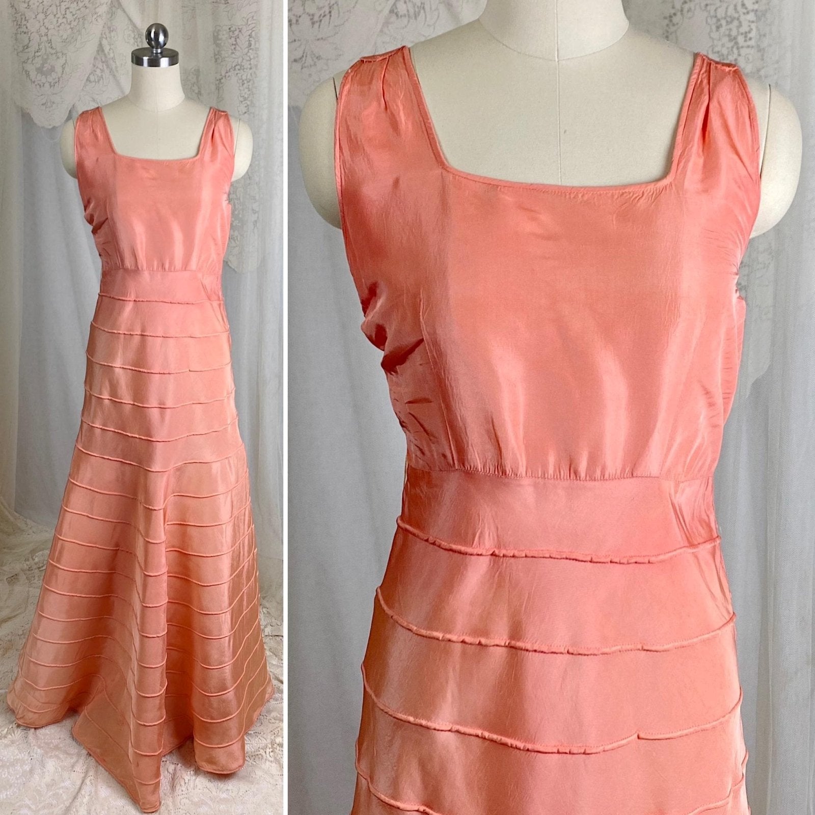 Vintage 1930's Avant Garde Dress & Jacket Set - High Sheen Peach Rayon Taffeta with Piping - Size XS - Daggers & Dames