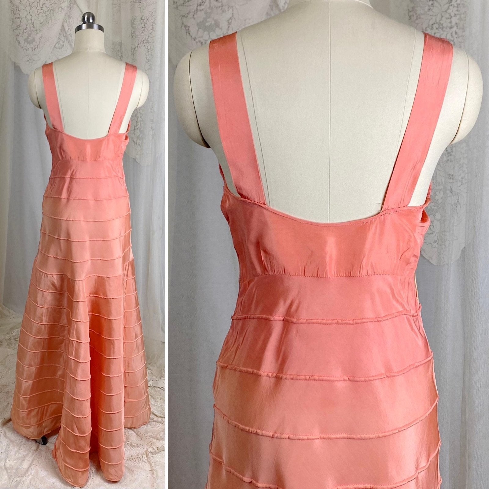 Vintage 1930's Avant Garde Dress & Jacket Set - High Sheen Peach Rayon Taffeta with Piping - Size XS - Daggers & Dames