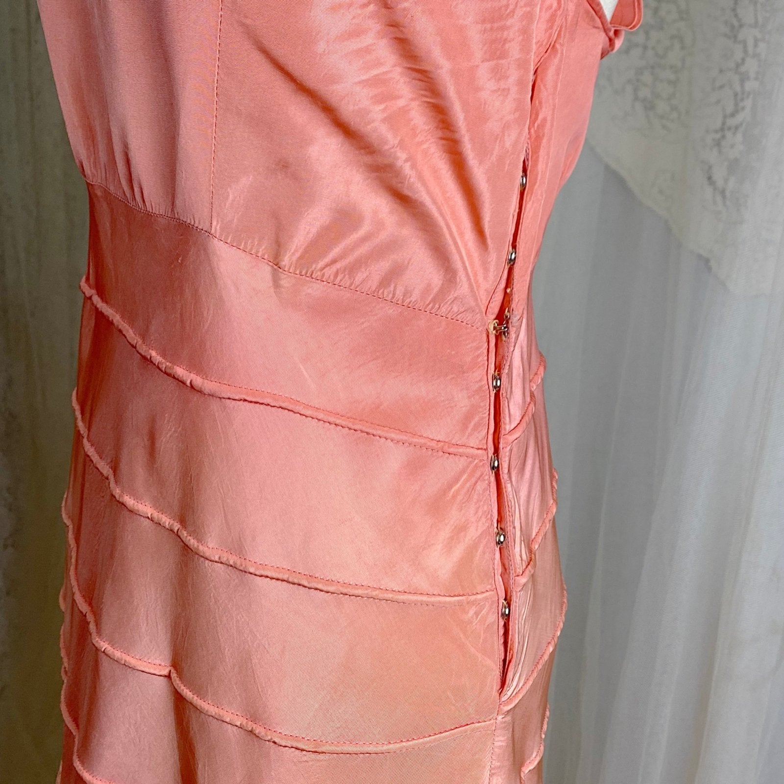 Vintage 1930's Avant Garde Dress & Jacket Set - High Sheen Peach Rayon Taffeta with Piping - Size XS - Daggers & Dames