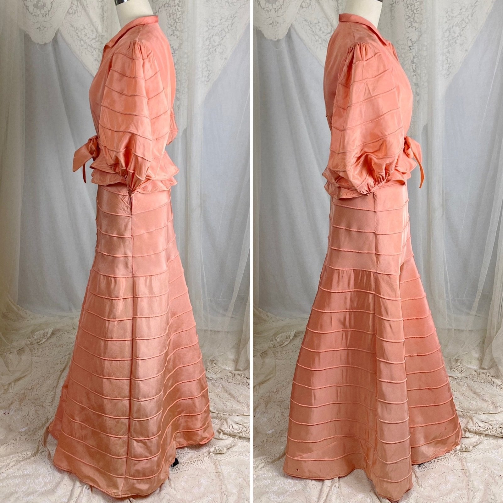 Vintage 1930's Avant Garde Dress & Jacket Set - High Sheen Peach Rayon Taffeta with Piping - Size XS - Daggers & Dames