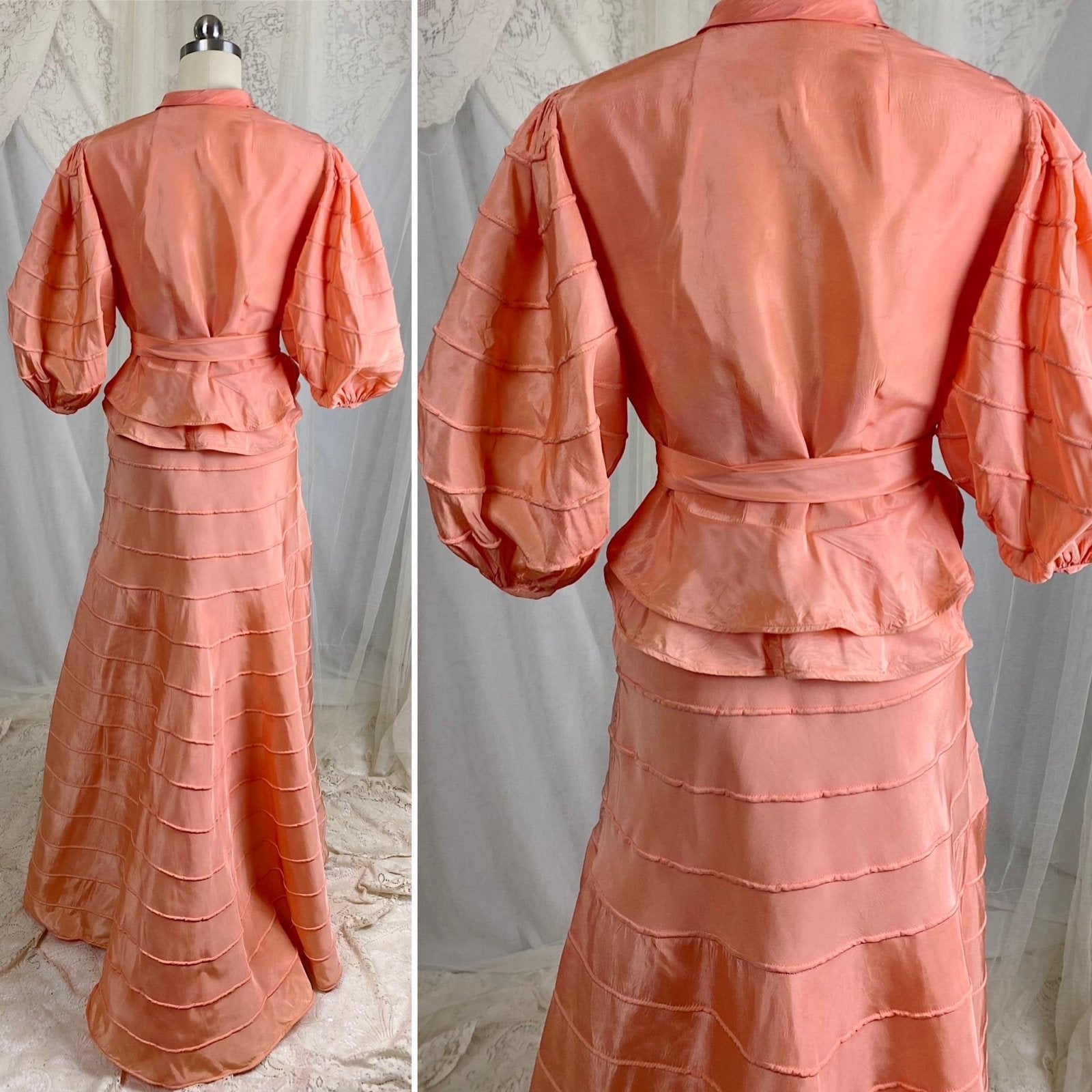 Vintage 1930's Avant Garde Dress & Jacket Set - High Sheen Peach Rayon Taffeta with Piping - Size XS - Daggers & Dames
