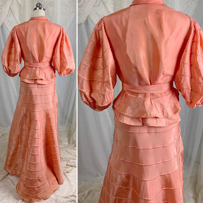 Vintage 1930's Avant Garde Dress & Jacket Set - High Sheen Peach Rayon Taffeta with Piping - Size XS - Daggers & Dames