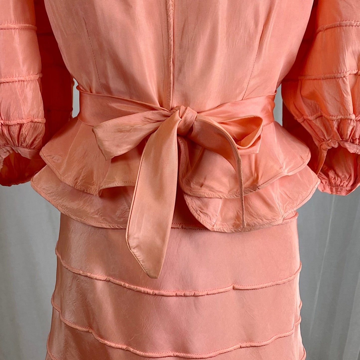 Vintage 1930's Avant Garde Dress & Jacket Set - High Sheen Peach Rayon Taffeta with Piping - Size XS - Daggers & Dames