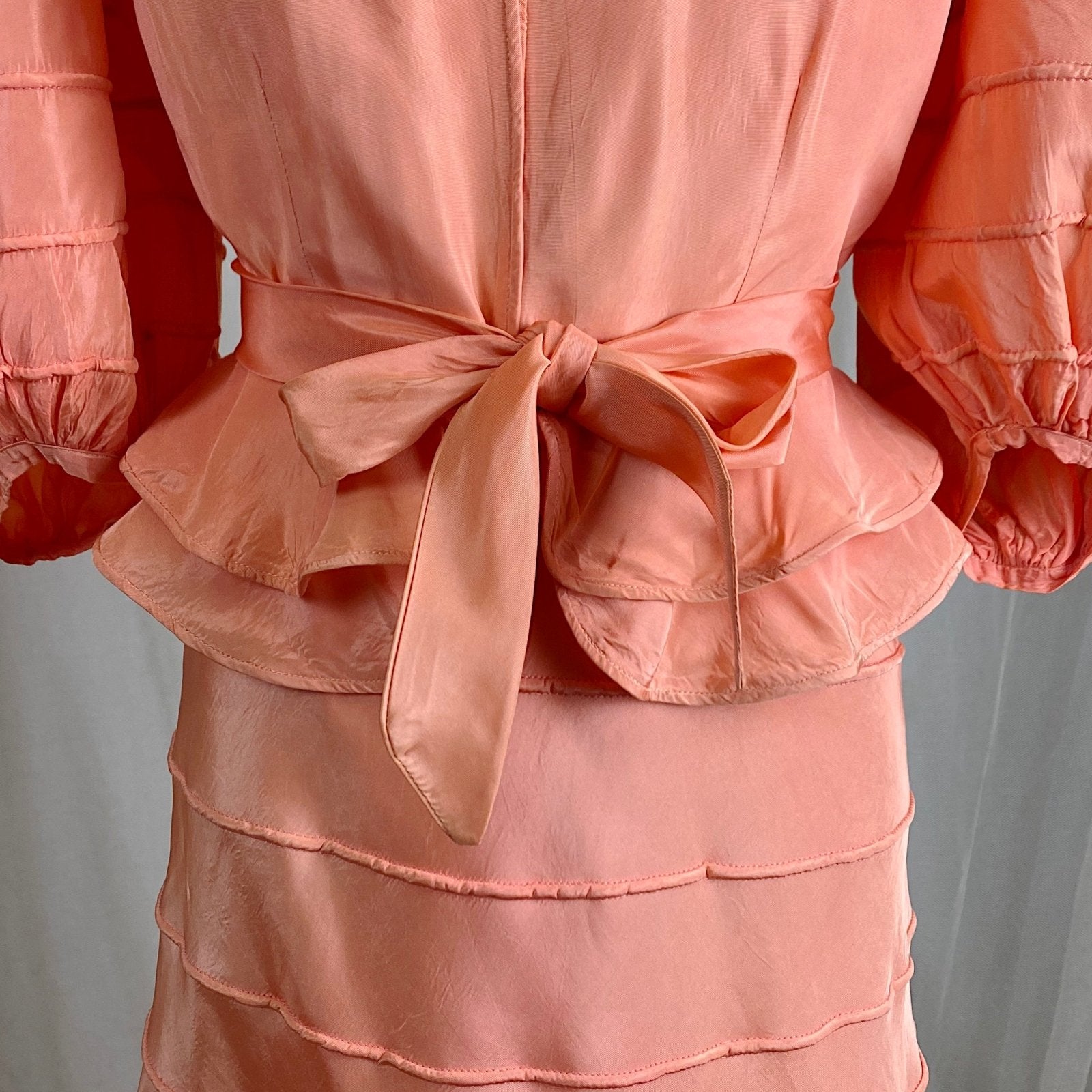 Vintage 1930's Avant Garde Dress & Jacket Set - High Sheen Peach Rayon Taffeta with Piping - Size XS - Daggers & Dames