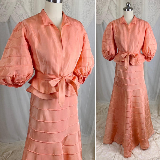 Vintage 1930's Avant Garde Dress & Jacket Set - High Sheen Peach Rayon Taffeta with Piping - Size XS - Daggers & Dames