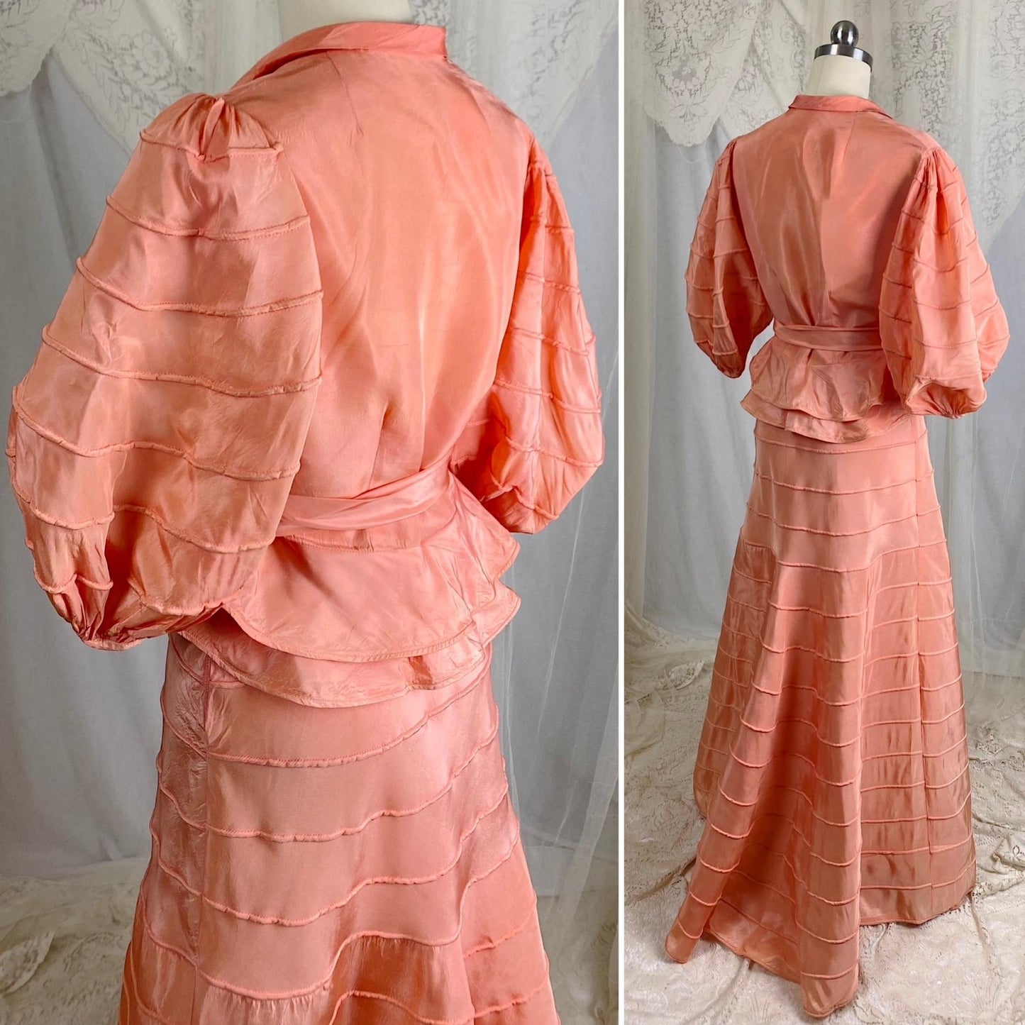 Vintage 1930's Avant Garde Dress & Jacket Set - High Sheen Peach Rayon Taffeta with Piping - Size XS - Daggers & Dames