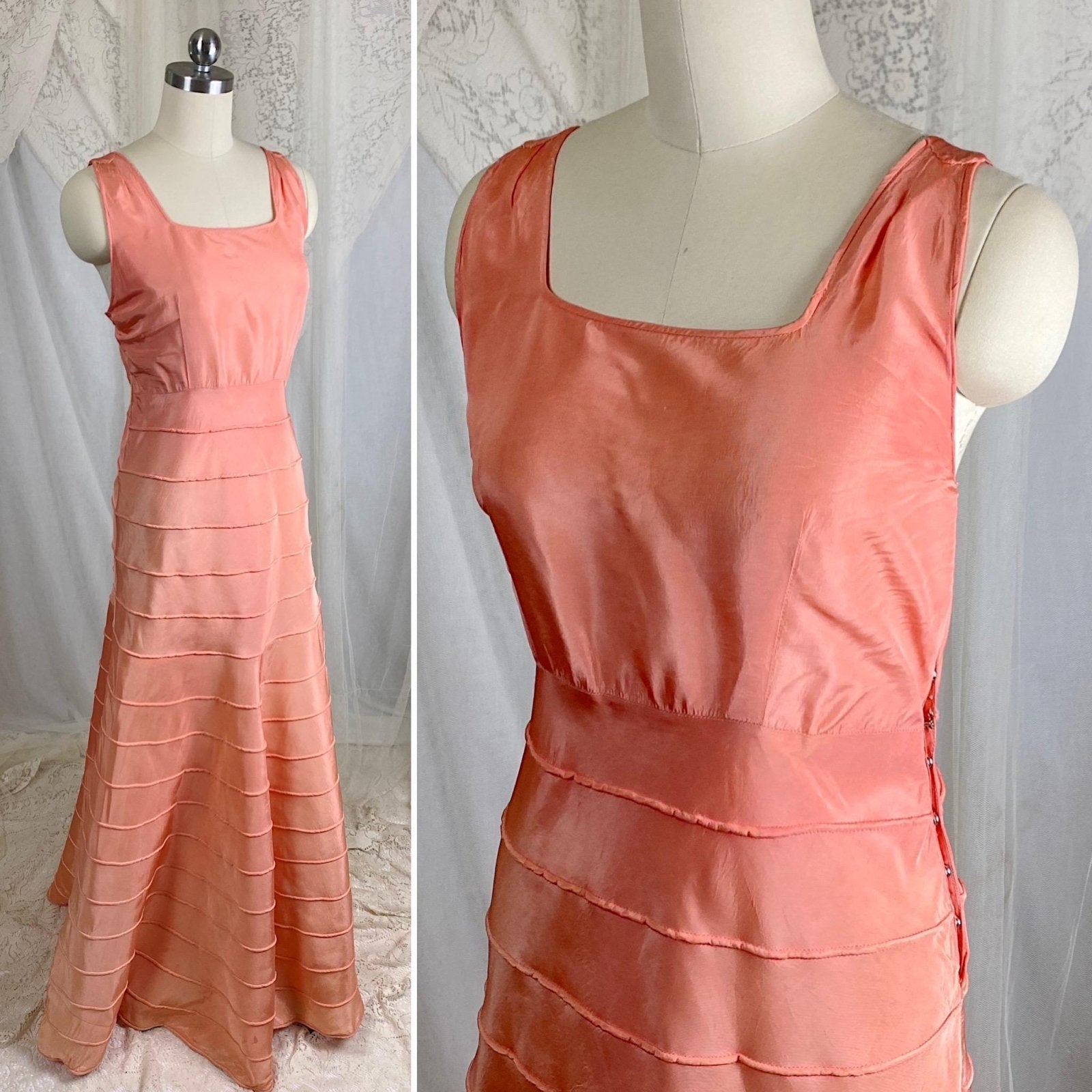 Vintage 1930's Avant Garde Dress & Jacket Set - High Sheen Peach Rayon Taffeta with Piping - Size XS - Daggers & Dames