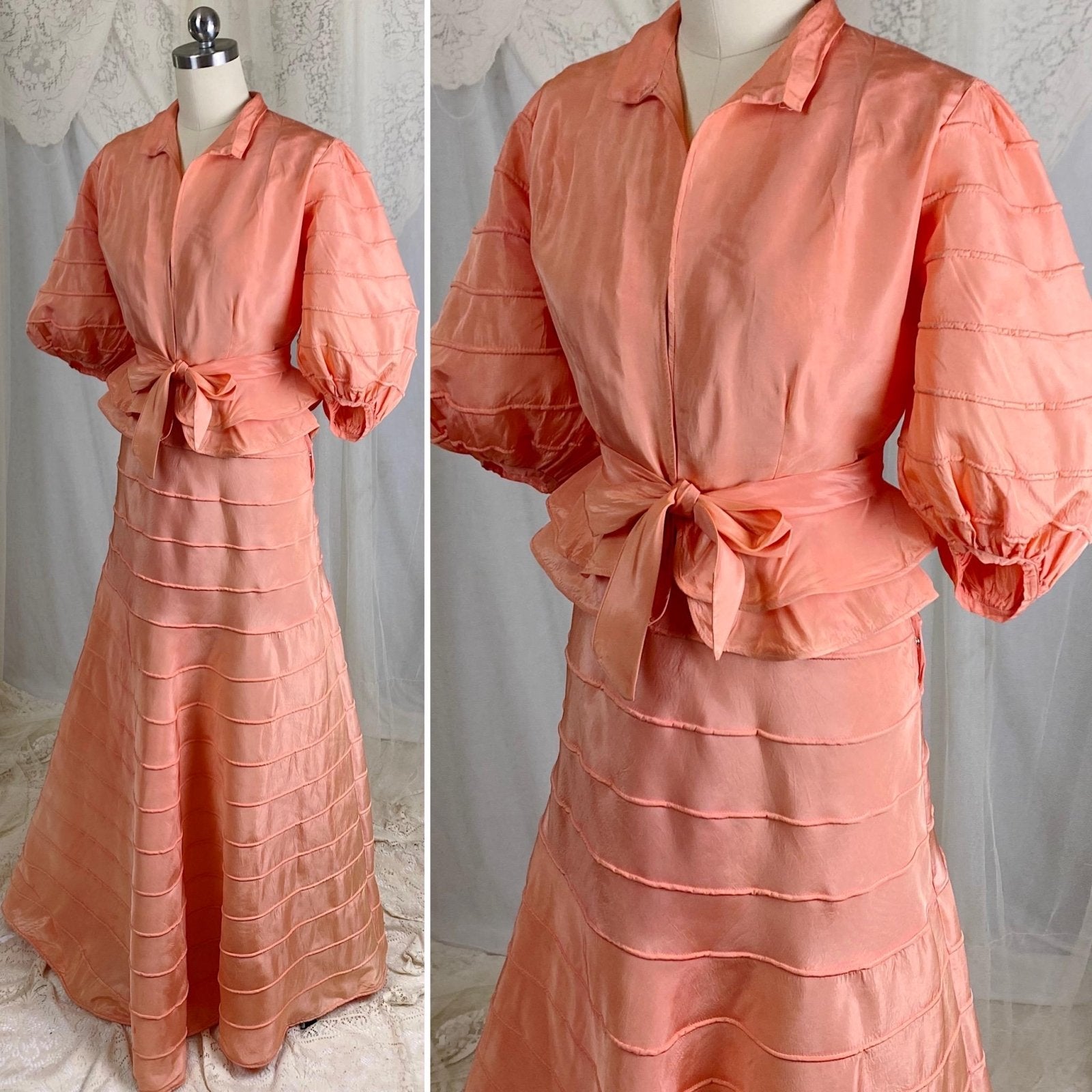 Vintage 1930's Avant Garde Dress & Jacket Set - High Sheen Peach Rayon Taffeta with Piping - Size XS - Daggers & Dames