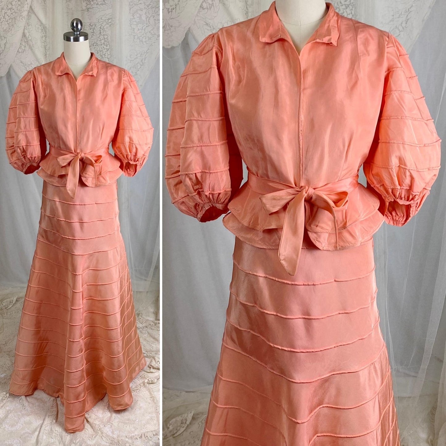 Vintage 1930's Avant Garde Dress & Jacket Set - High Sheen Peach Rayon Taffeta with Piping - Size XS - Daggers & Dames