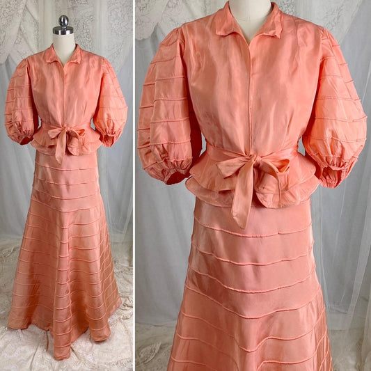 Vintage 1930's Avant Garde Dress & Jacket Set - High Sheen Peach Rayon Taffeta with Piping - Size XS - Daggers & Dames