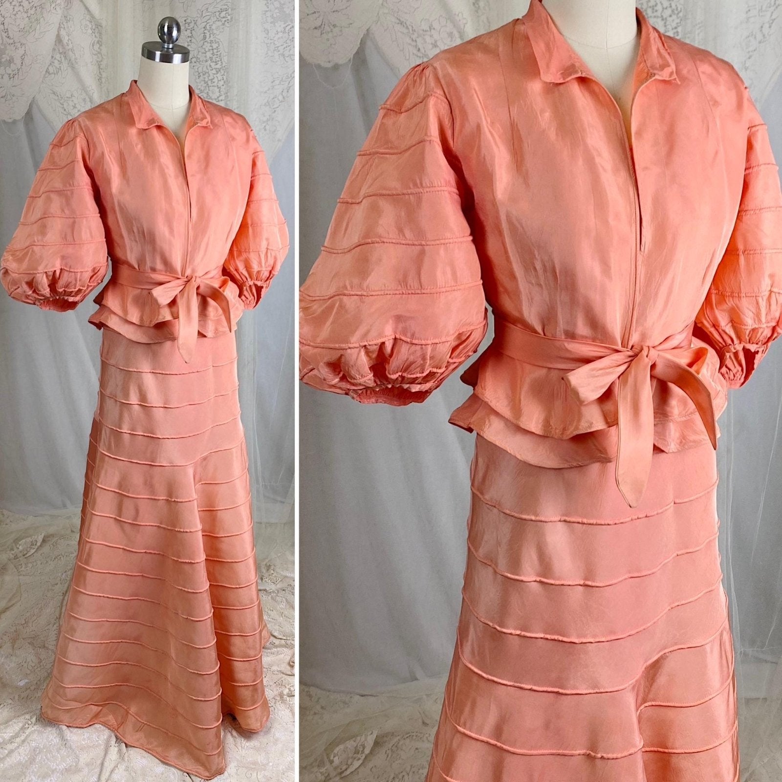 Vintage 1930's Avant Garde Dress & Jacket Set - High Sheen Peach Rayon Taffeta with Piping - Size XS - Daggers & Dames