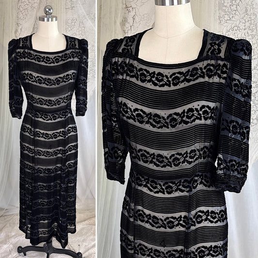 Vintage 1930's Black Floral & Stripes Silk Velvet Devore Dress, size M - Daggers & Dames