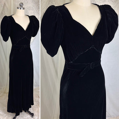 Vintage 1930's Black Velvet Evening Gown with Keyhole Back - Size XS, S - Daggers & Dames