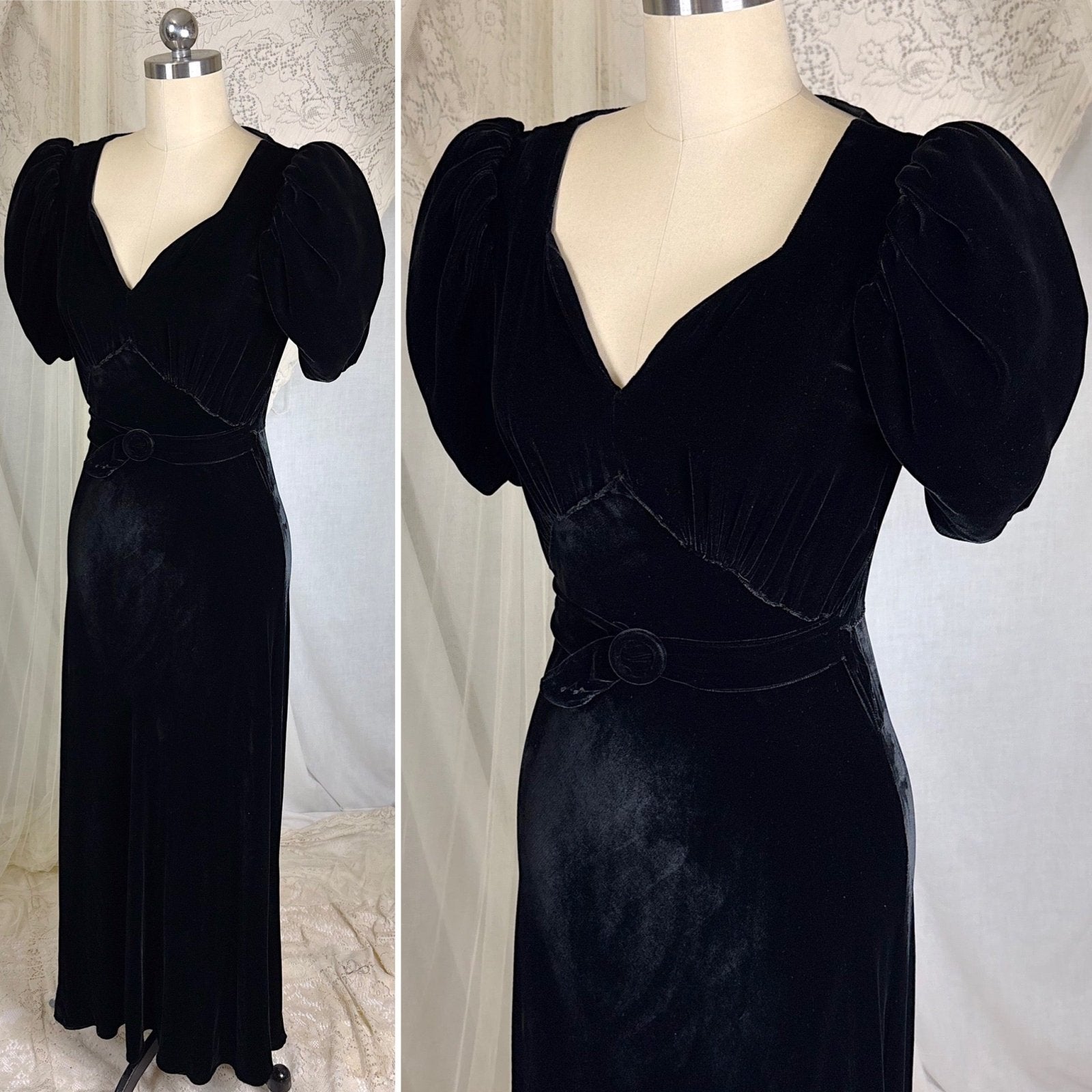 Vintage 1930's Black Velvet Evening Gown with Keyhole Back - Size XS, S - Daggers & Dames