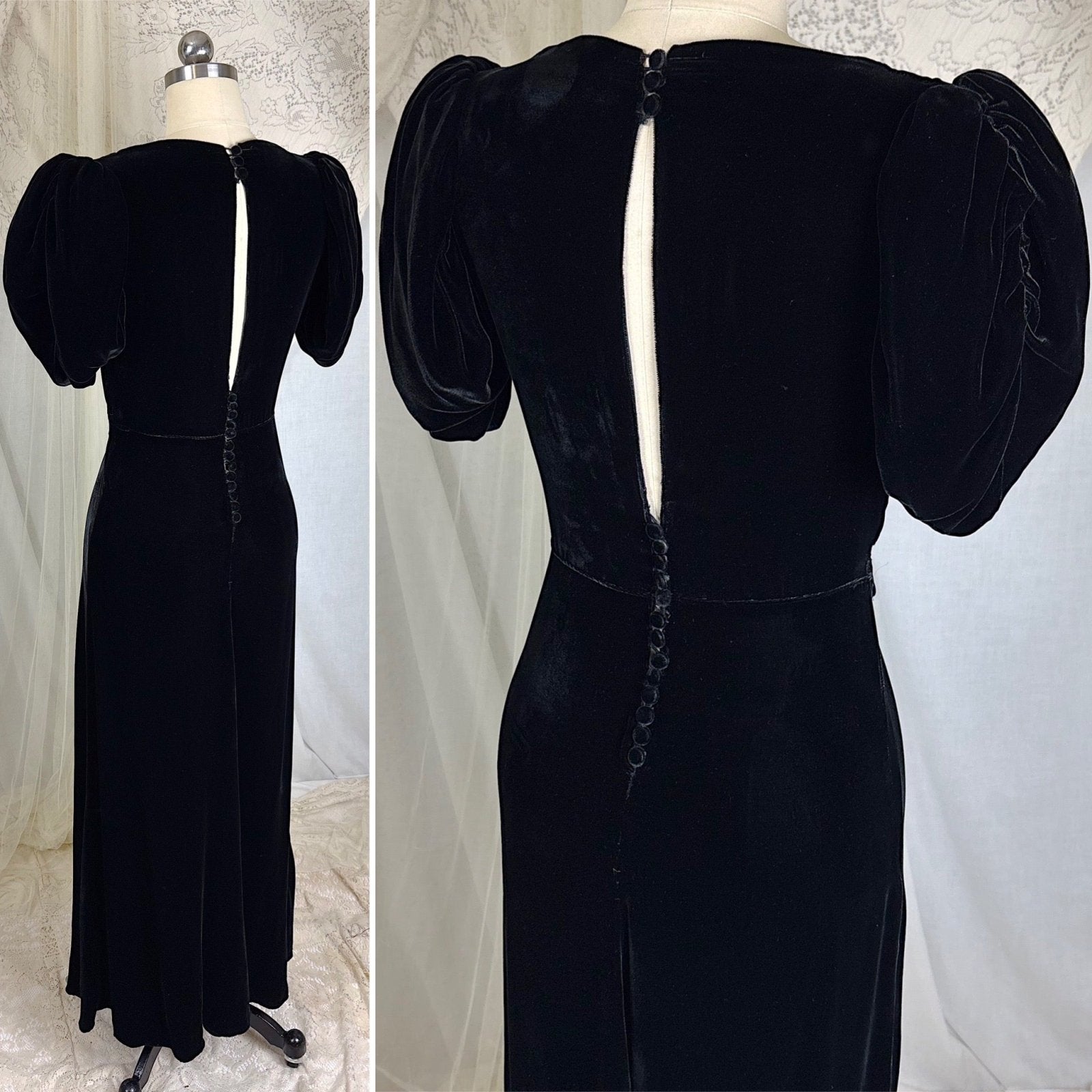 Vintage 1930's Black Velvet Evening Gown with Keyhole Back - Size XS, S - Daggers & Dames