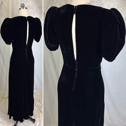 Vintage 1930's Black Velvet Evening Gown with Keyhole Back - Size XS, S - Daggers & Dames