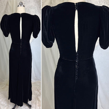 Vintage 1930's Black Velvet Evening Gown with Keyhole Back - Size XS, S - Daggers & Dames
