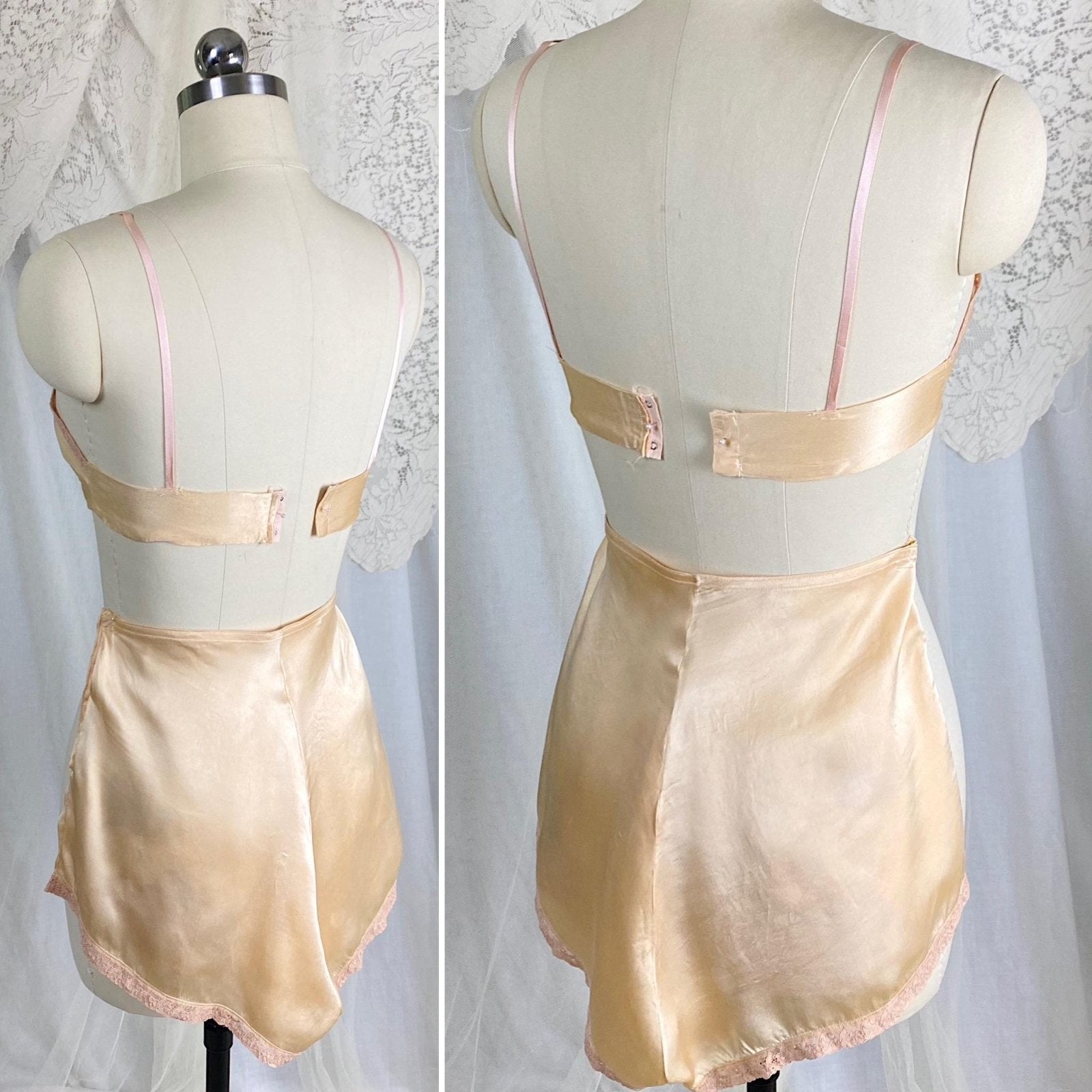 Vintage 1930's Bralette & Tap Pants Set | Rich Golden Champagne Silk with Warm Nude Lace | Size XS, S | By Neiman Marcus - Daggers & Dames