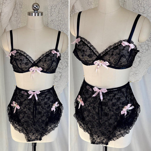 Vintage 1930's Bralette & Tap Pants Set - Sheer Black Embroidered Tulle with Pink Velvet Rosettes and Satin Ribbon - by Loni's of New Orleans, size XS, S - Daggers & Dames
