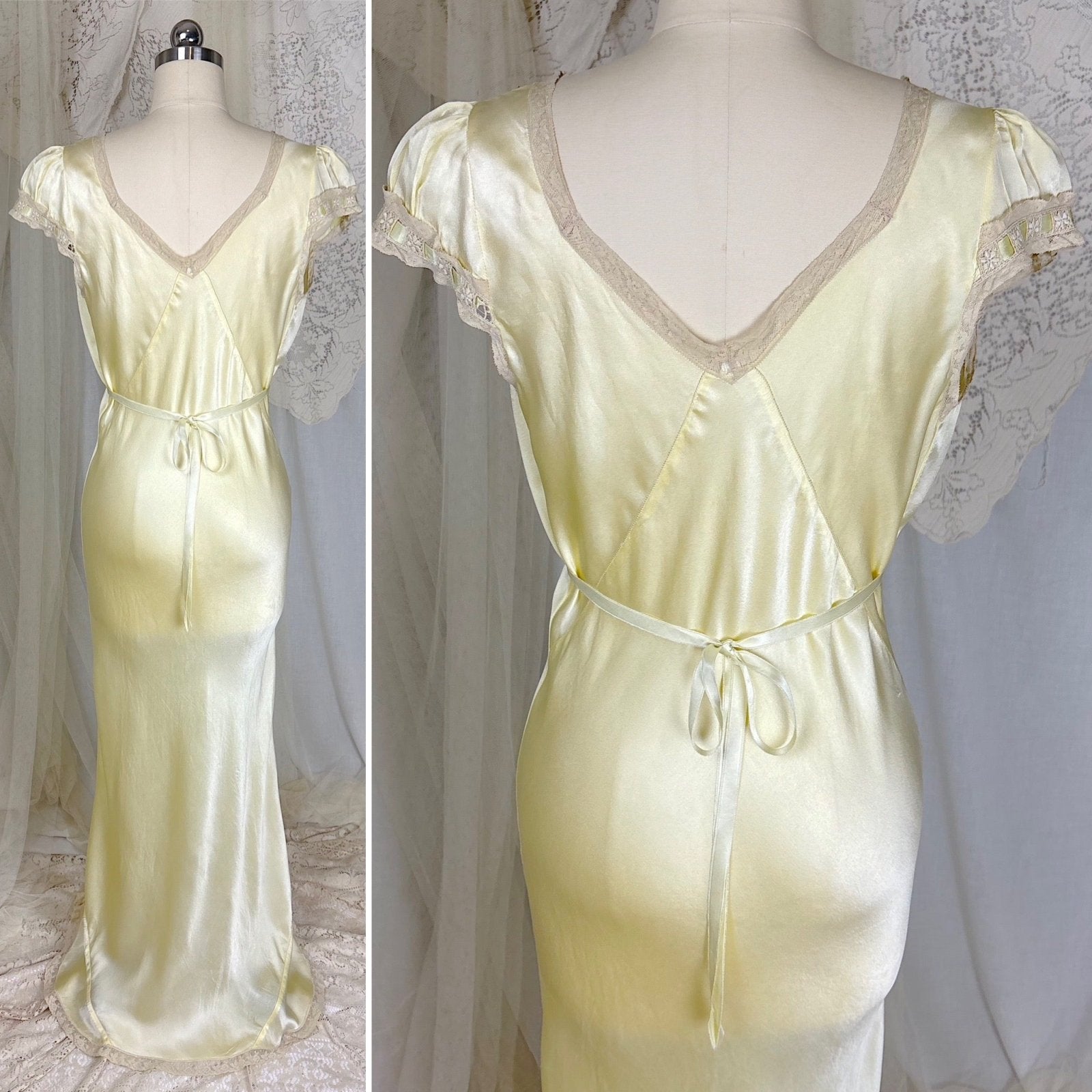Vintage 1930's Buttercream Yellow Silk Satin Nightgown with Pale Green Ribbon & Scalloped Hem, size S, M, LG - Daggers & Dames