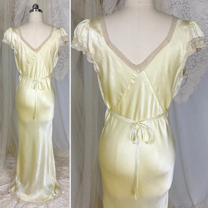 Vintage 1930's Buttercream Yellow Silk Satin Nightgown with Pale Green Ribbon & Scalloped Hem, size S, M, LG - Daggers & Dames
