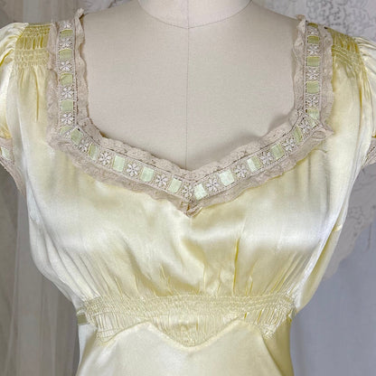 Vintage 1930's Buttercream Yellow Silk Satin Nightgown with Pale Green Ribbon & Scalloped Hem, size S, M, LG - Daggers & Dames