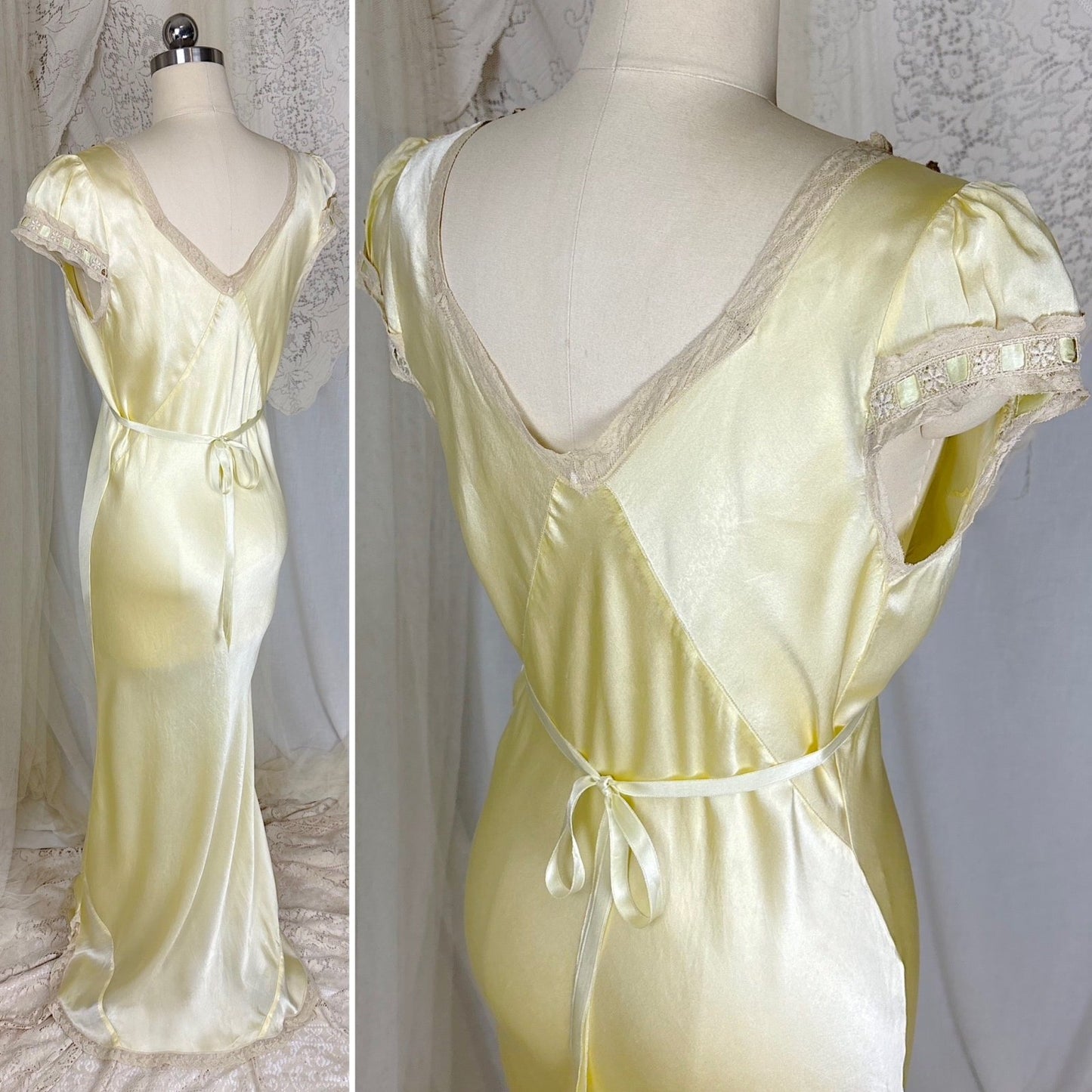 Vintage 1930's Buttercream Yellow Silk Satin Nightgown with Pale Green Ribbon & Scalloped Hem, size S, M, LG - Daggers & Dames