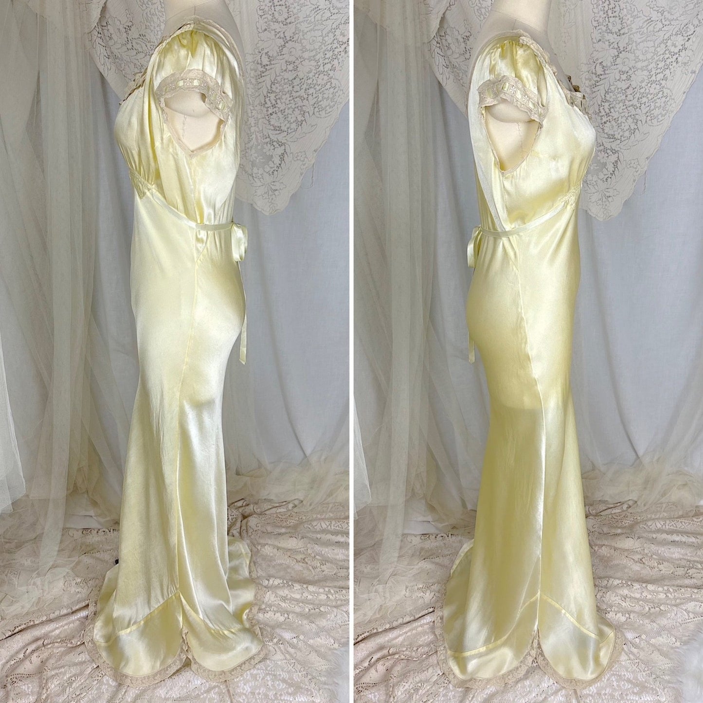 Vintage 1930's Buttercream Yellow Silk Satin Nightgown with Pale Green Ribbon & Scalloped Hem, size S, M, LG - Daggers & Dames