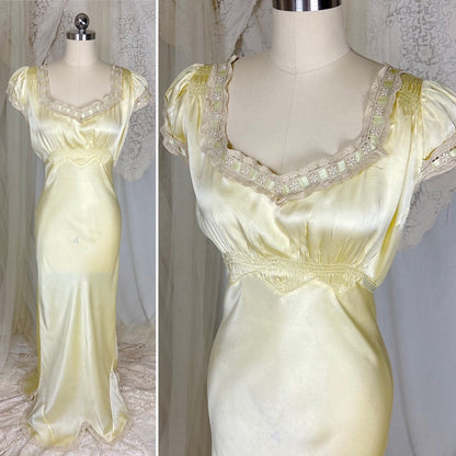 Vintage 1930's Buttercream Yellow Silk Satin Nightgown with Pale Green Ribbon & Scalloped Hem, size S, M, LG - Daggers & Dames