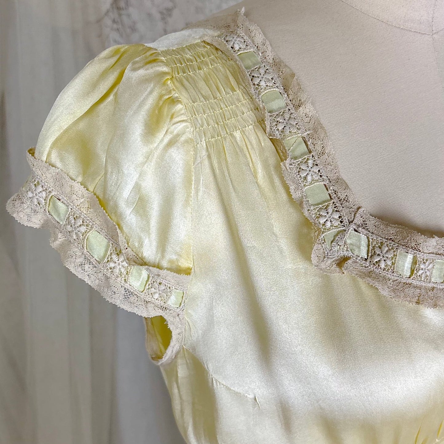 Vintage 1930's Buttercream Yellow Silk Satin Nightgown with Pale Green Ribbon & Scalloped Hem, size S, M, LG - Daggers & Dames