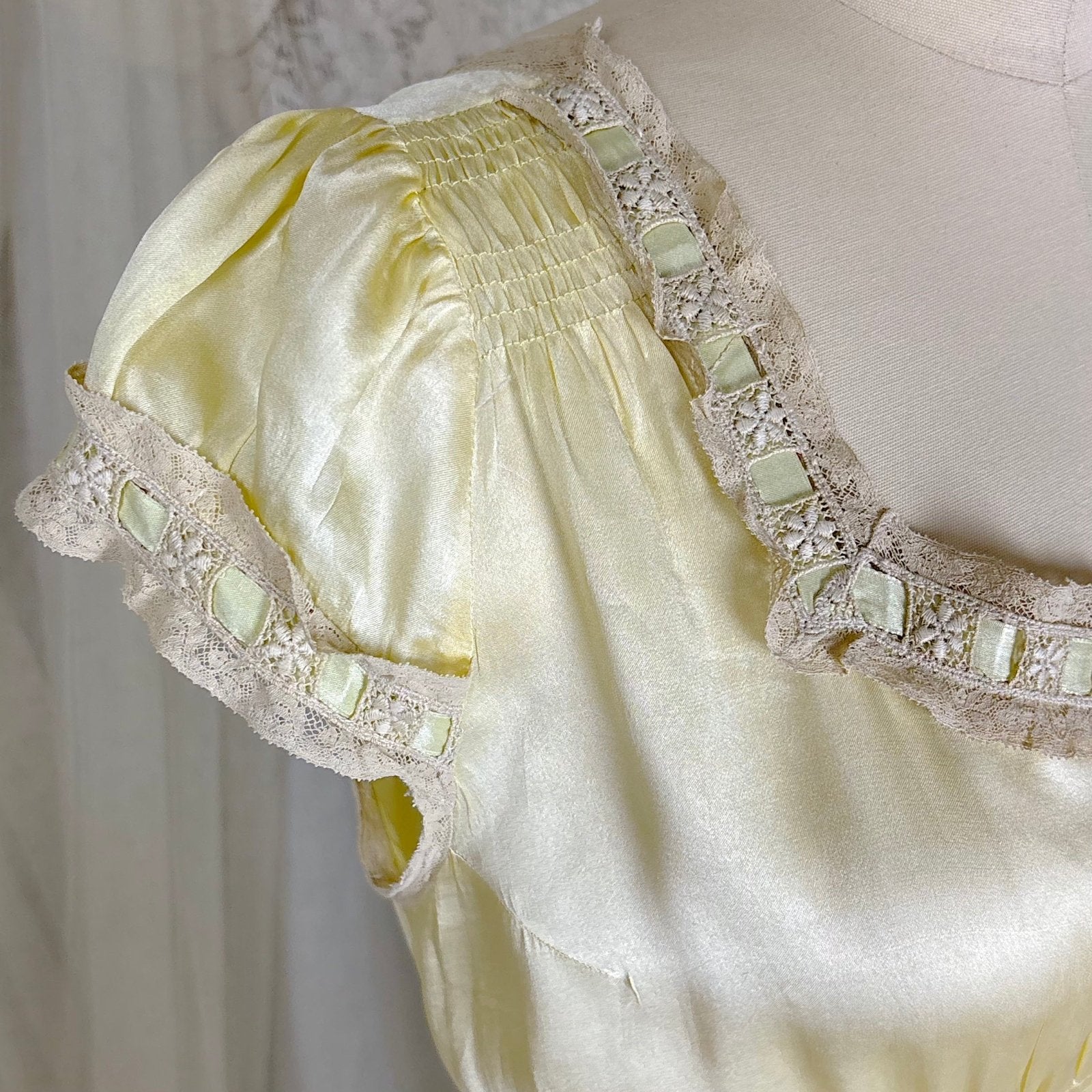 Vintage 1930's Buttercream Yellow Silk Satin Nightgown with Pale Green Ribbon & Scalloped Hem, size S, M, LG - Daggers & Dames
