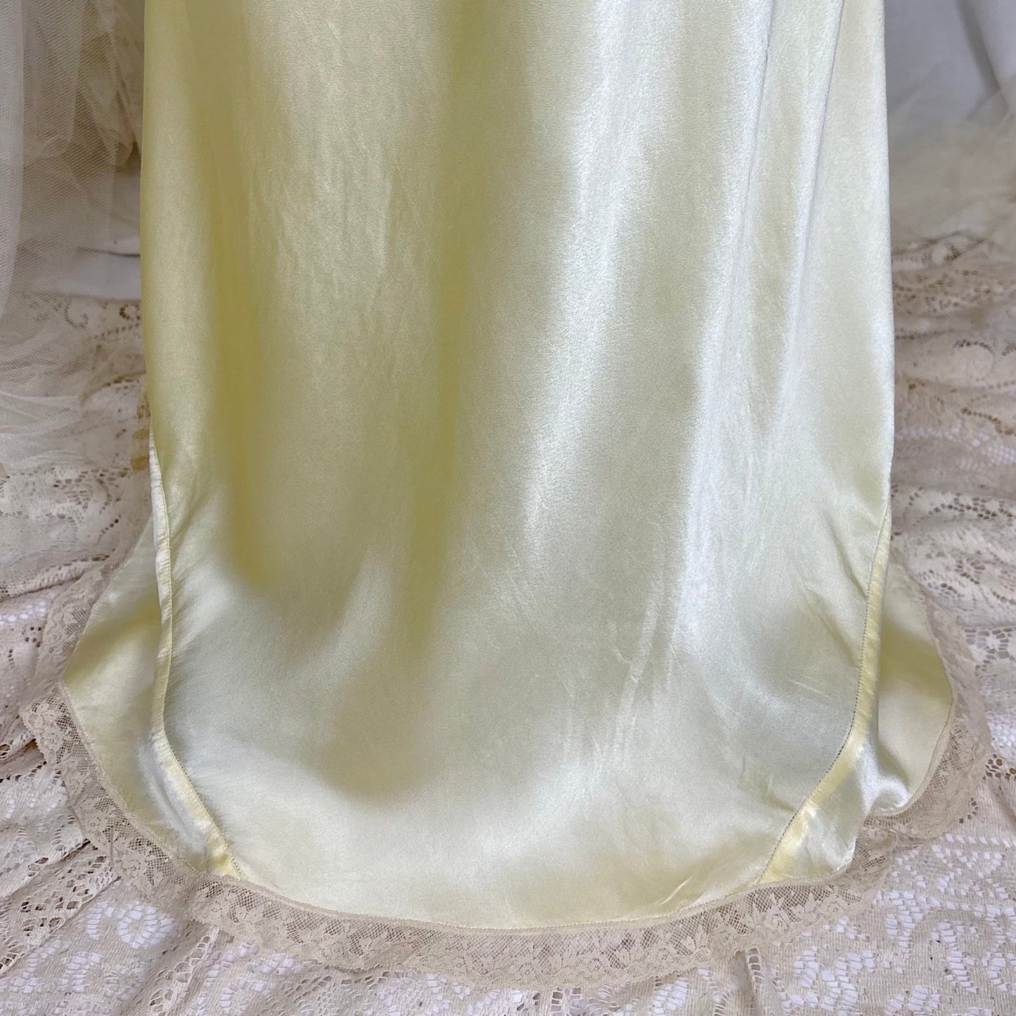 Vintage 1930's Buttercream Yellow Silk Satin Nightgown with Pale Green Ribbon & Scalloped Hem, size S, M, LG - Daggers & Dames