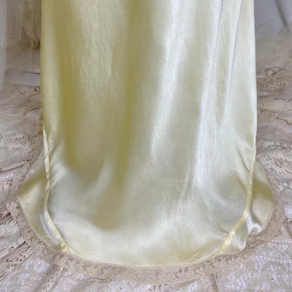 Vintage 1930's Buttercream Yellow Silk Satin Nightgown with Pale Green Ribbon & Scalloped Hem, size S, M, LG - Daggers & Dames