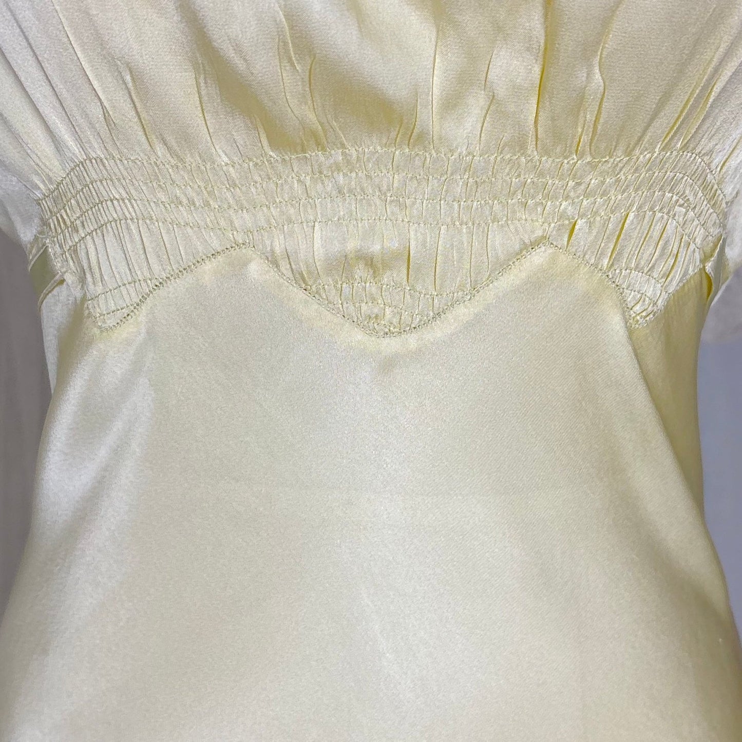 Vintage 1930's Buttercream Yellow Silk Satin Nightgown with Pale Green Ribbon & Scalloped Hem, size S, M, LG - Daggers & Dames