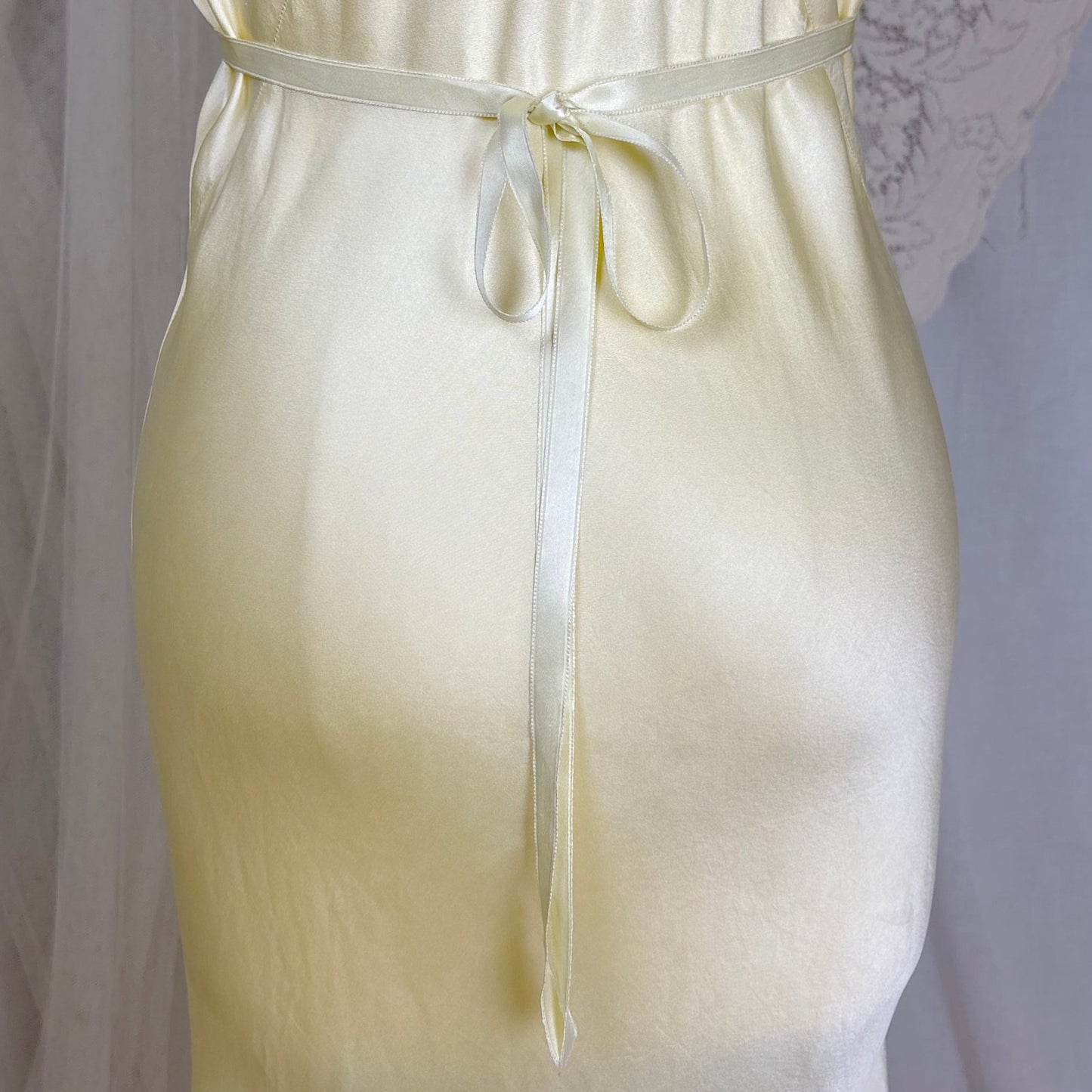Vintage 1930's Buttercream Yellow Silk Satin Nightgown with Pale Green Ribbon & Scalloped Hem, size S, M, LG - Daggers & Dames