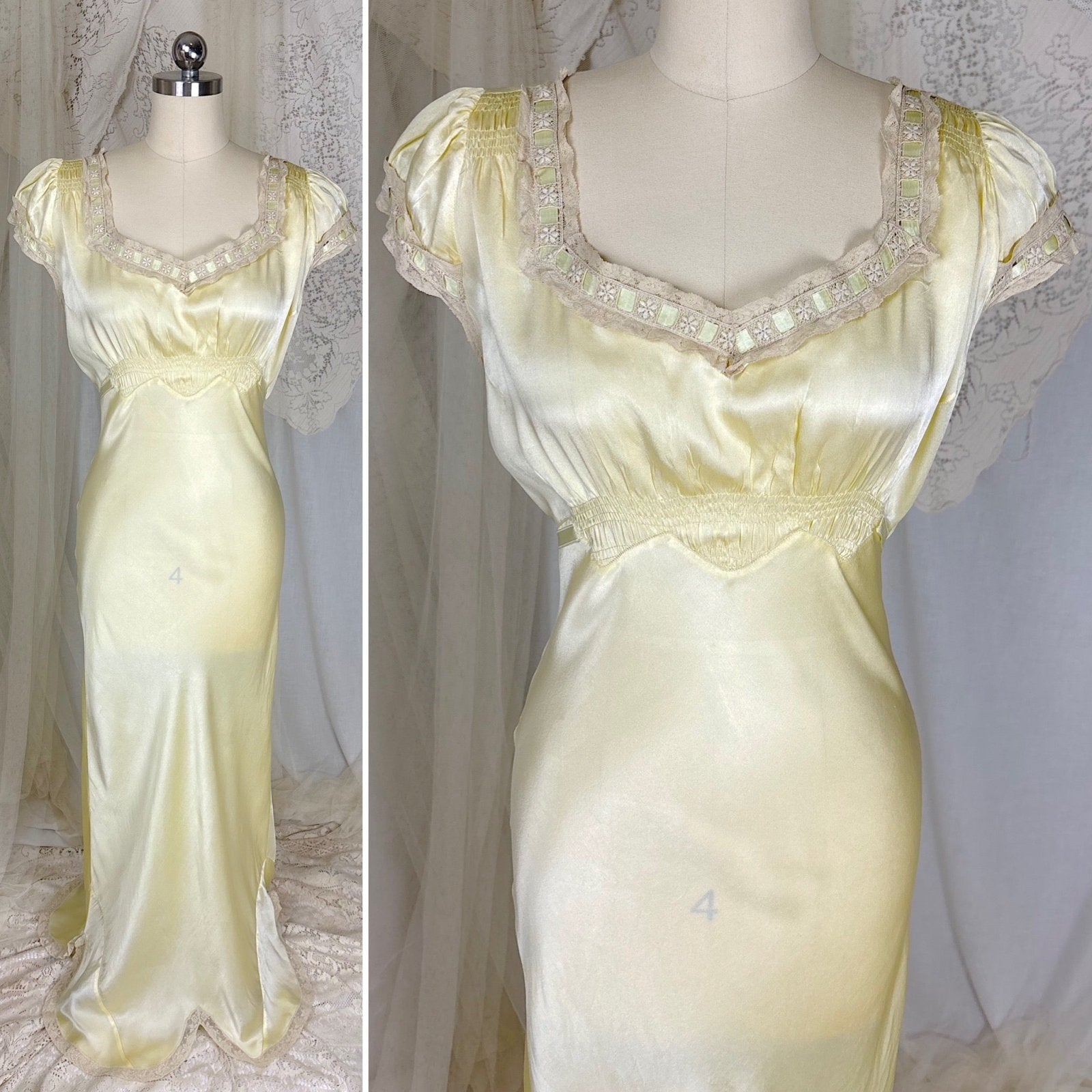 Vintage 1930's Buttercream Yellow Silk Satin Nightgown with Pale Green Ribbon & Scalloped Hem, size S, M, LG - Daggers & Dames