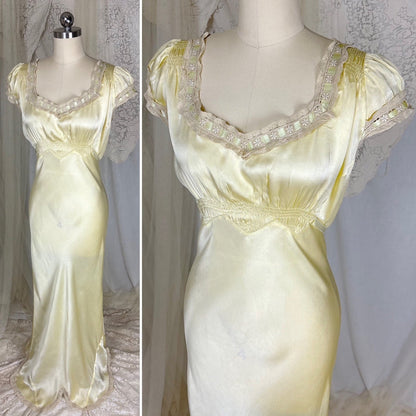 Vintage 1930's Buttercream Yellow Silk Satin Nightgown with Pale Green Ribbon & Scalloped Hem, size S, M, LG - Daggers & Dames