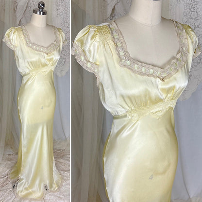 Vintage 1930's Buttercream Yellow Silk Satin Nightgown with Pale Green Ribbon & Scalloped Hem, size S, M, LG - Daggers & Dames