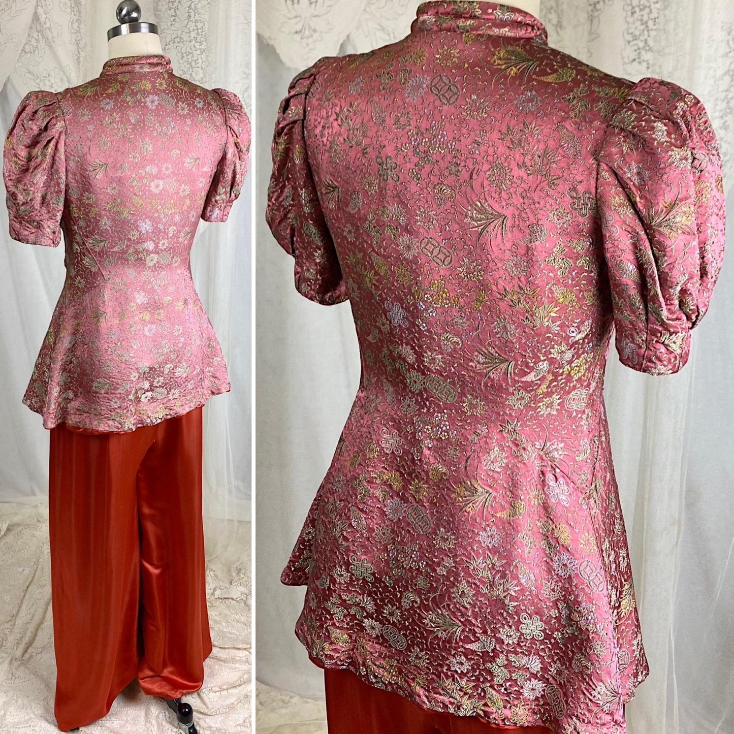 Vintage 1930's Chinese Lounge Set | Rust Red Silk Pants with Rich Mauve & Botanical Brocade Print Trapunto Top | S, M - Daggers & Dames