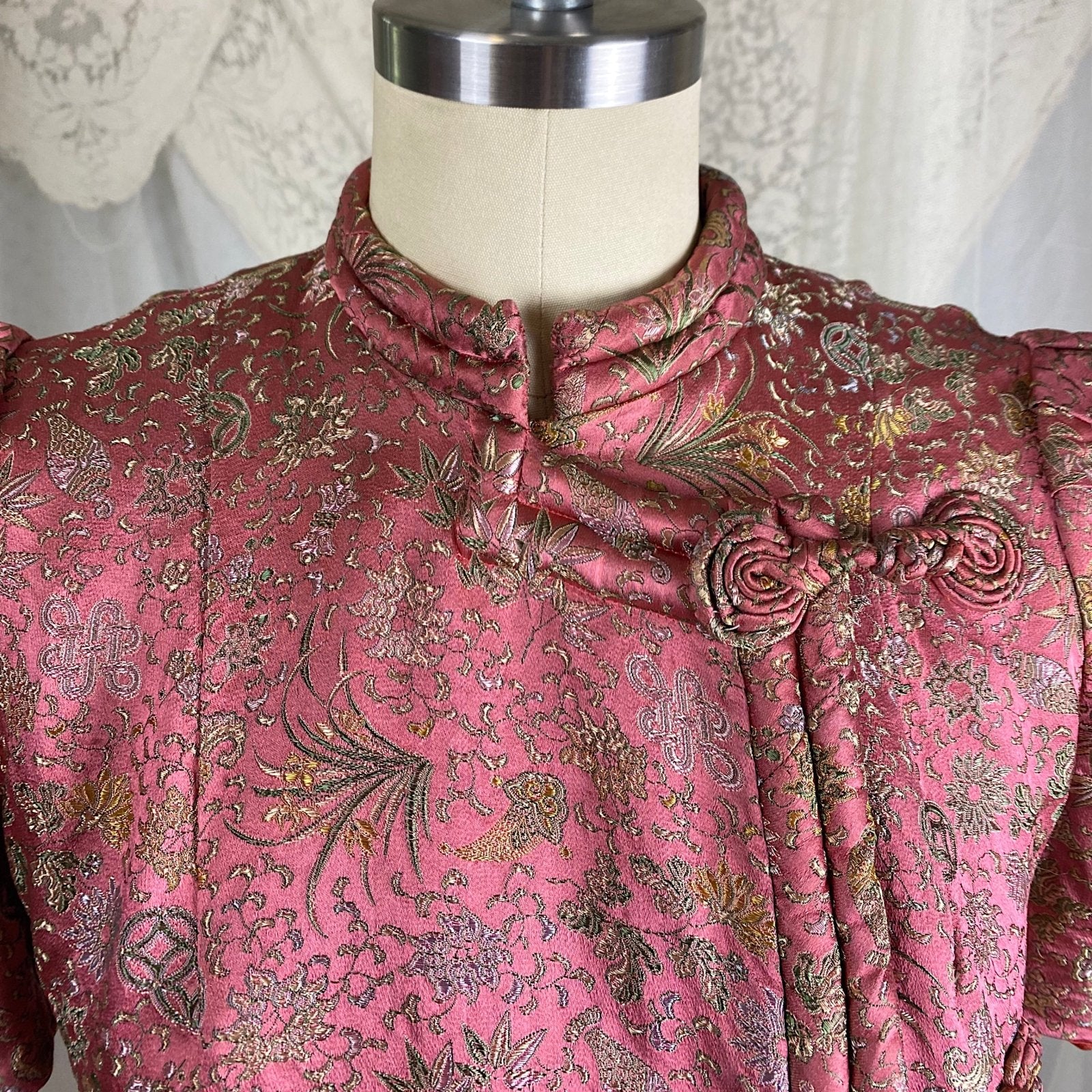 Vintage 1930's Chinese Lounge Set | Rust Red Silk Pants with Rich Mauve & Botanical Brocade Print Trapunto Top | S, M - Daggers & Dames