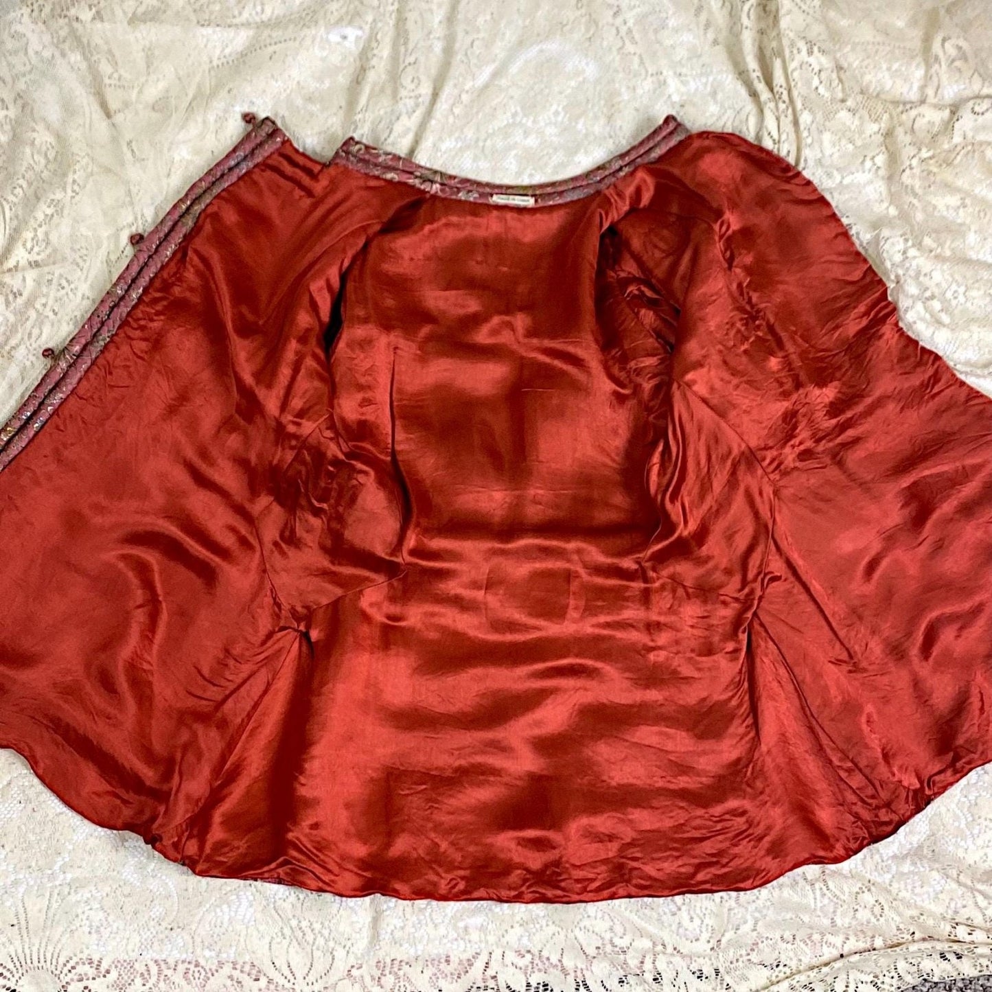 Vintage 1930's Chinese Lounge Set | Rust Red Silk Pants with Rich Mauve & Botanical Brocade Print Trapunto Top | S, M - Daggers & Dames